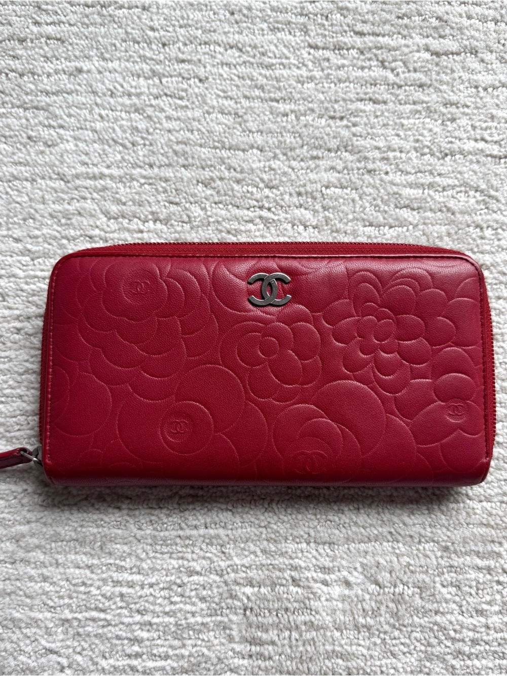 CHANEL Red Lambskin Camellia Embossed Zip Around Wallet Silver CC